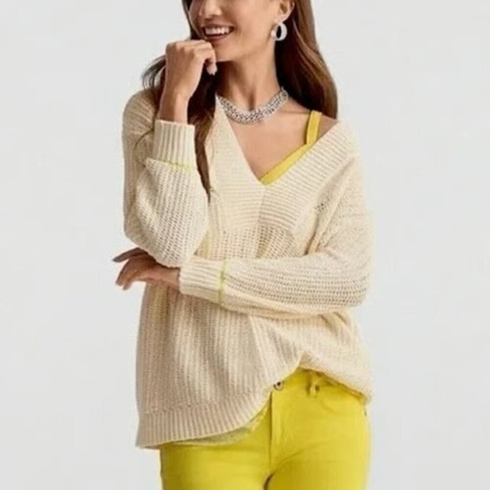 CAbi Croquet sweater boxy v-neck preppy cream ivory over-size crochet new Medium